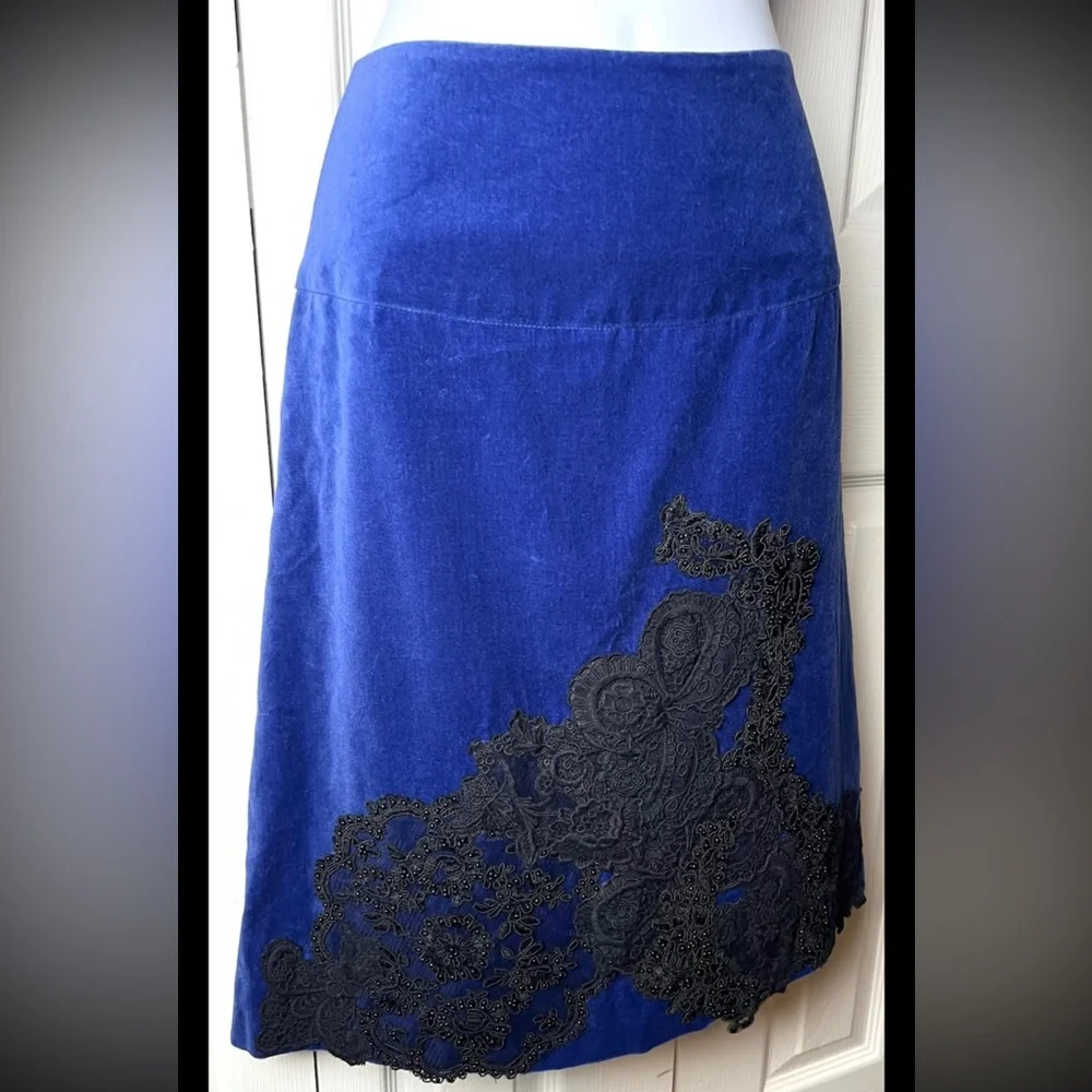 ELEVENSES Anthropologie Skirt Lace Beaded NWT Blue Velvet Corduroy Lined
